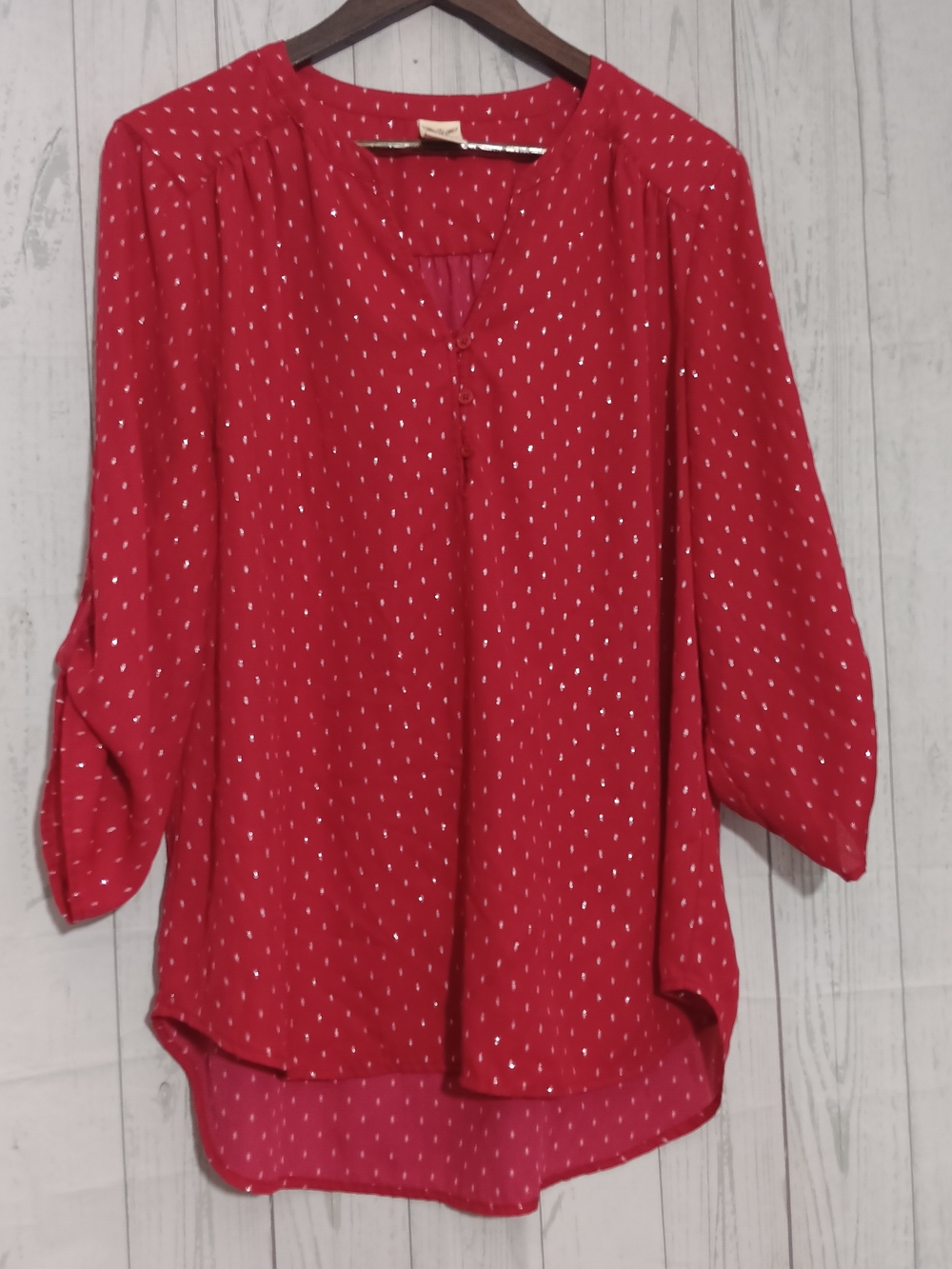 Faded Glory Red Dot-Print Roll-Tab Blouse Sz XL